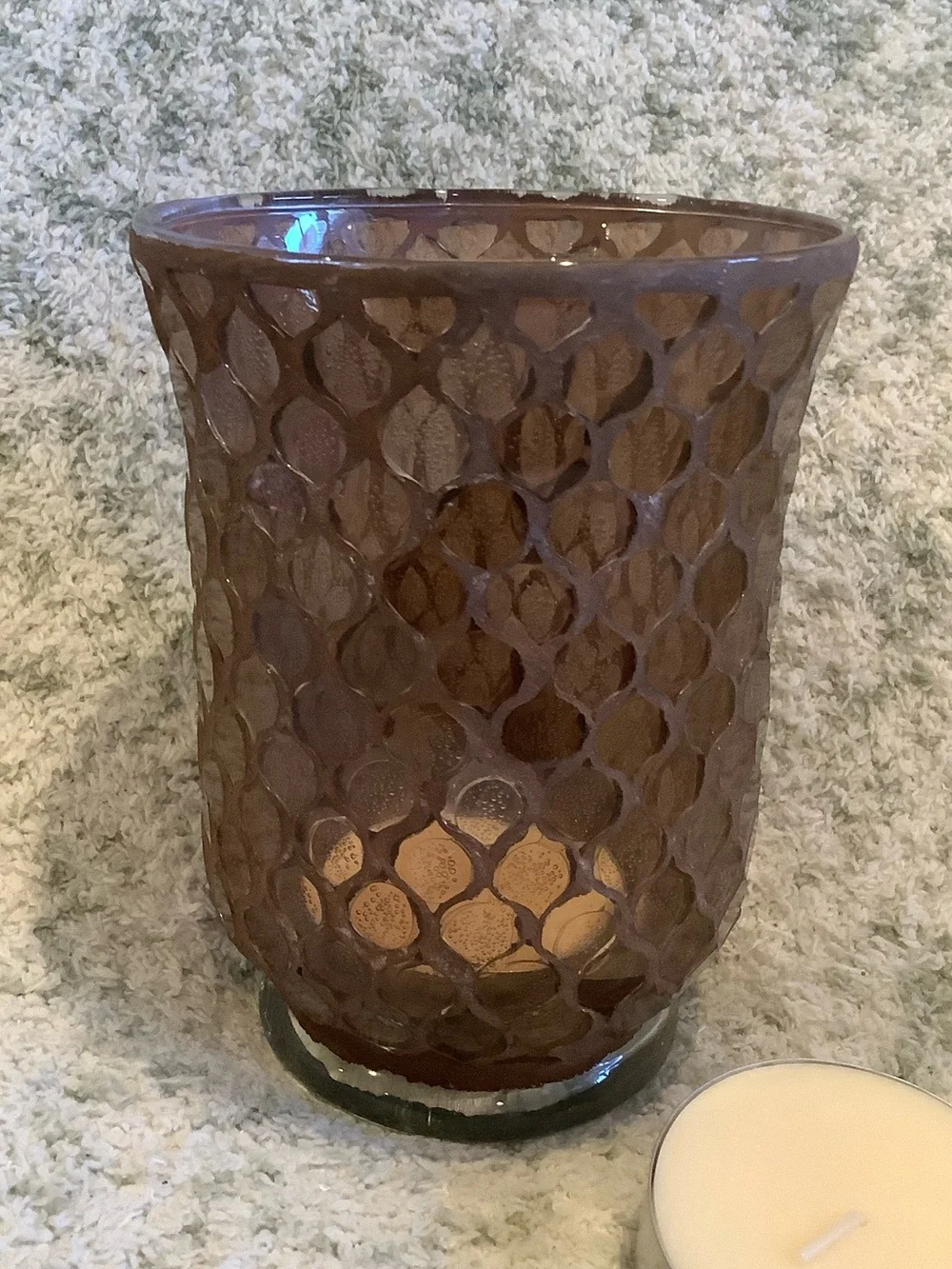 Brown Glass Moroccan Bohemian Romantic Candle Hurricane with 2 xl votives NWT